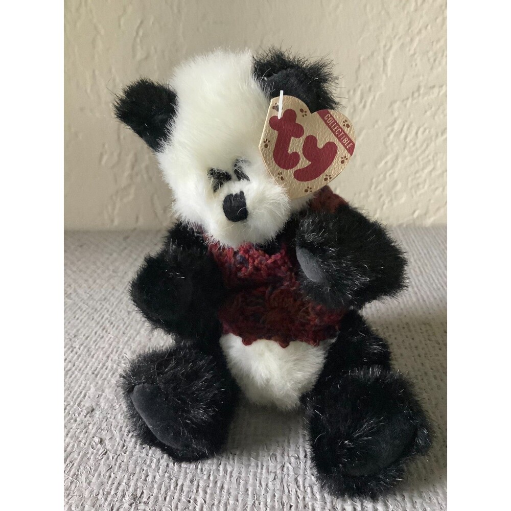 Ty Attic Beanie Babies 1993 Jointed Limbs Checkers the Panda Bear Plush Sweater